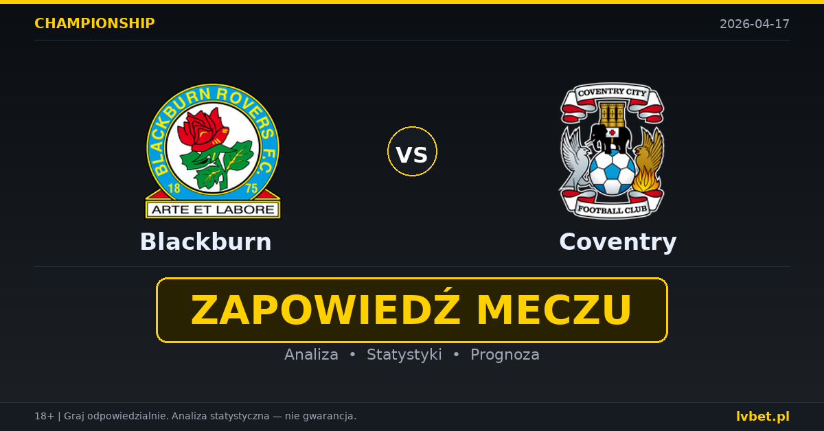 Blackburn – Coventry: typy i kursy Championship (Anglia II liga) 17.4.2026 | kursy 3.90/3.30/2.00