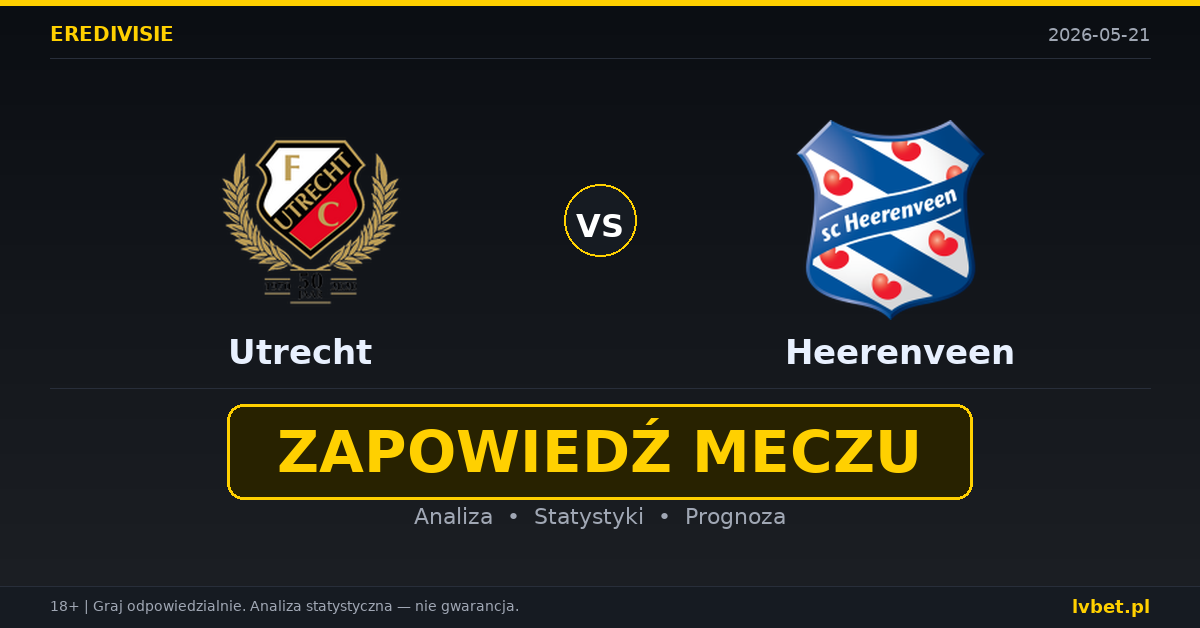 Utrecht – Heerenveen: typy i kursy Eredivisie (Holandia) 21.5.2026 | kursy 1.91/3.60/3.70 Utrecht – Heerenveen: typy i kursy Eredivisie (Holandia) 21.5.2026 | kursy 1.91/3.60/3.70