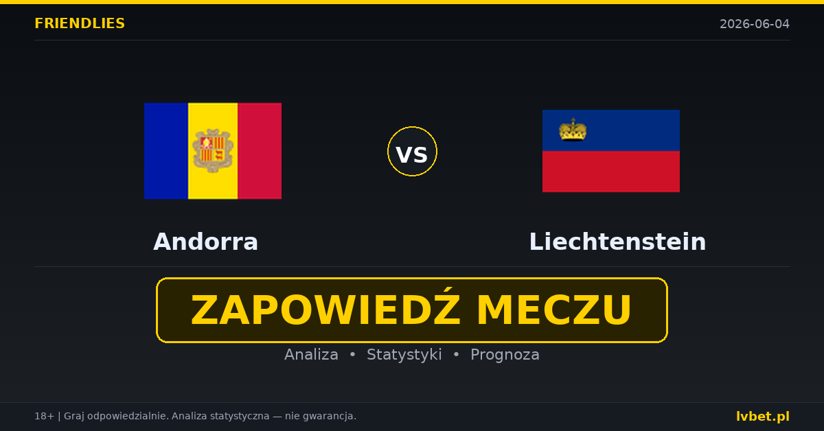Andora – Liechtenstein: typy i kursy Mecze towarzyskie 4.6.2026 | kursy 1.50/3.70/7.50