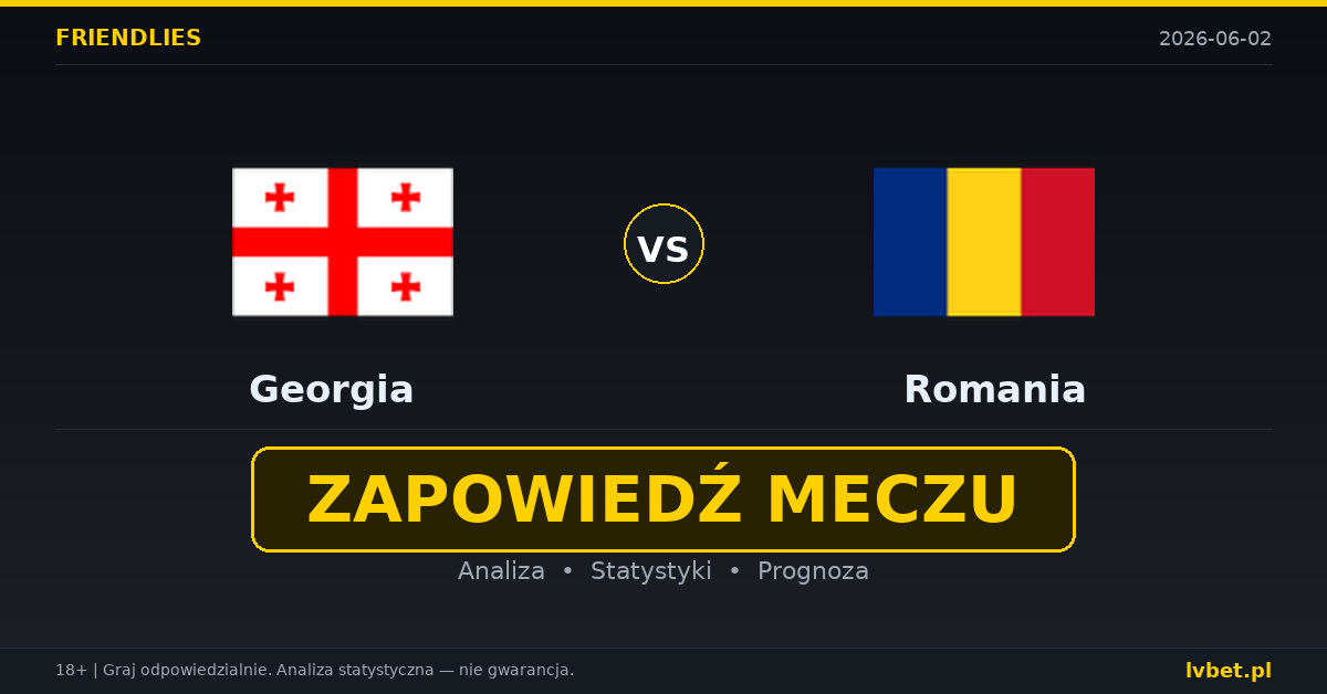 Gruzja – Rumunia: typy i kursy Mecze towarzyskie 2.6.2026 | kursy 2.10/3.30/3.40 Gruzja – Rumunia: typy i kursy Mecze towarzyskie 2.6.2026 | kursy 2.10/3.30/3.40