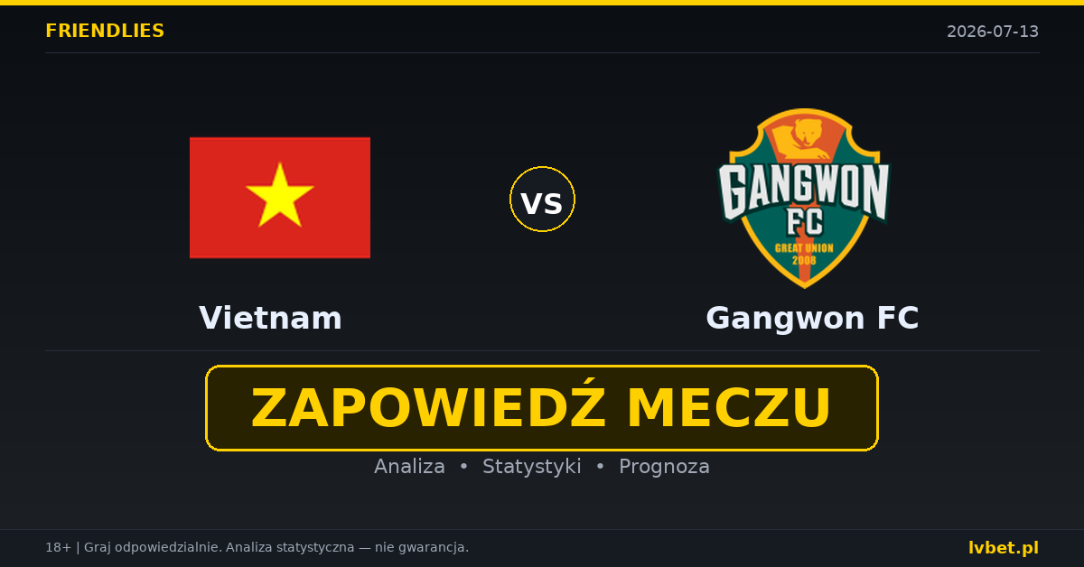 Wietnam – Gangwon FC: typy, kursy, zapowiedź (13.07.2026) Wietnam – Gangwon FC: typy, kursy, zapowiedź (13.07.2026)